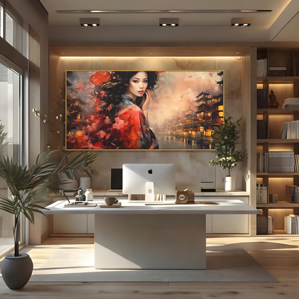 Tablou canvas cu tablou canvas cu gheisa in kyoto, in rama de aluminiu auriu, pe perete intr-un birou